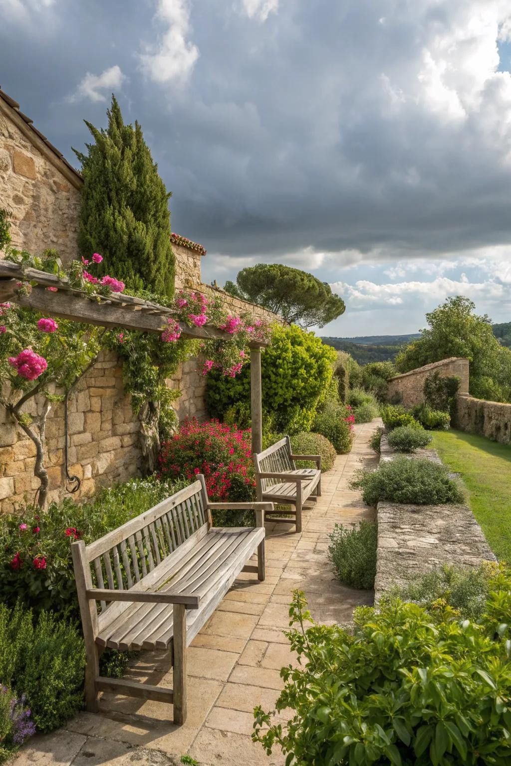 Wood and stone elements create a harmonious, countryside-like atmosphere in this Mediterranean-esque garden.