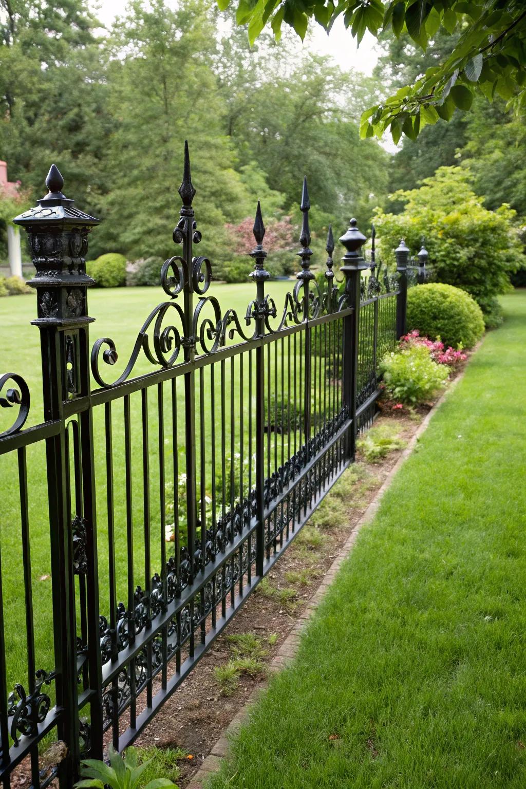 A bold black metallic barrier providing a dramatic contrast in a lush yard.