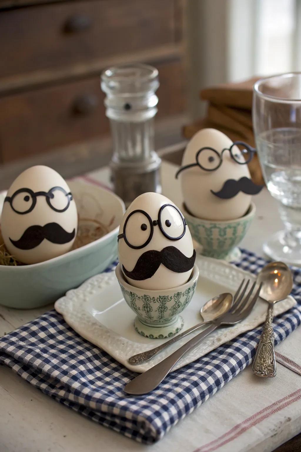 Eggs with a funny twist because of unique facial features.