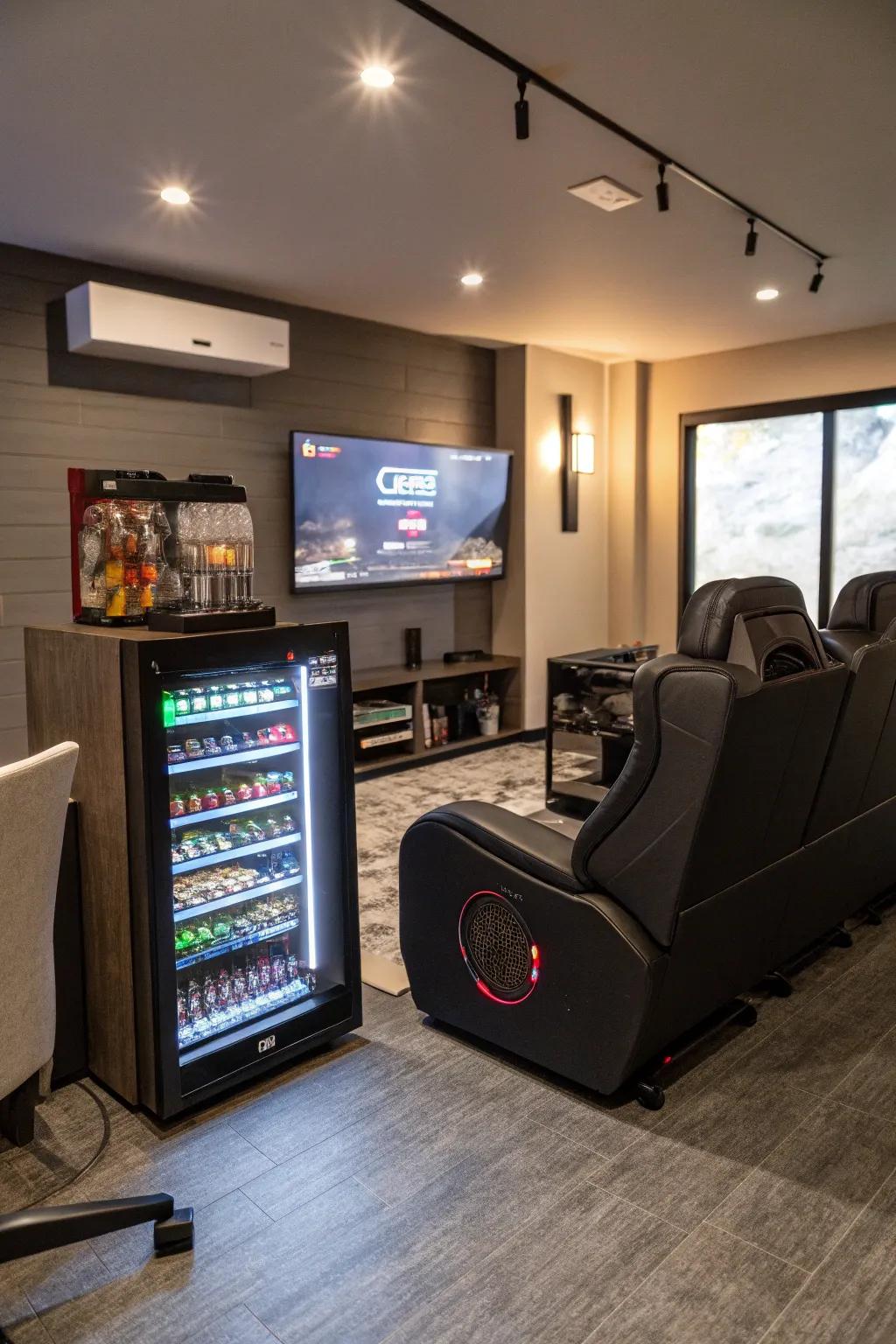 A compact refrigerator injects convenience to the definitive gaming area arrangement.