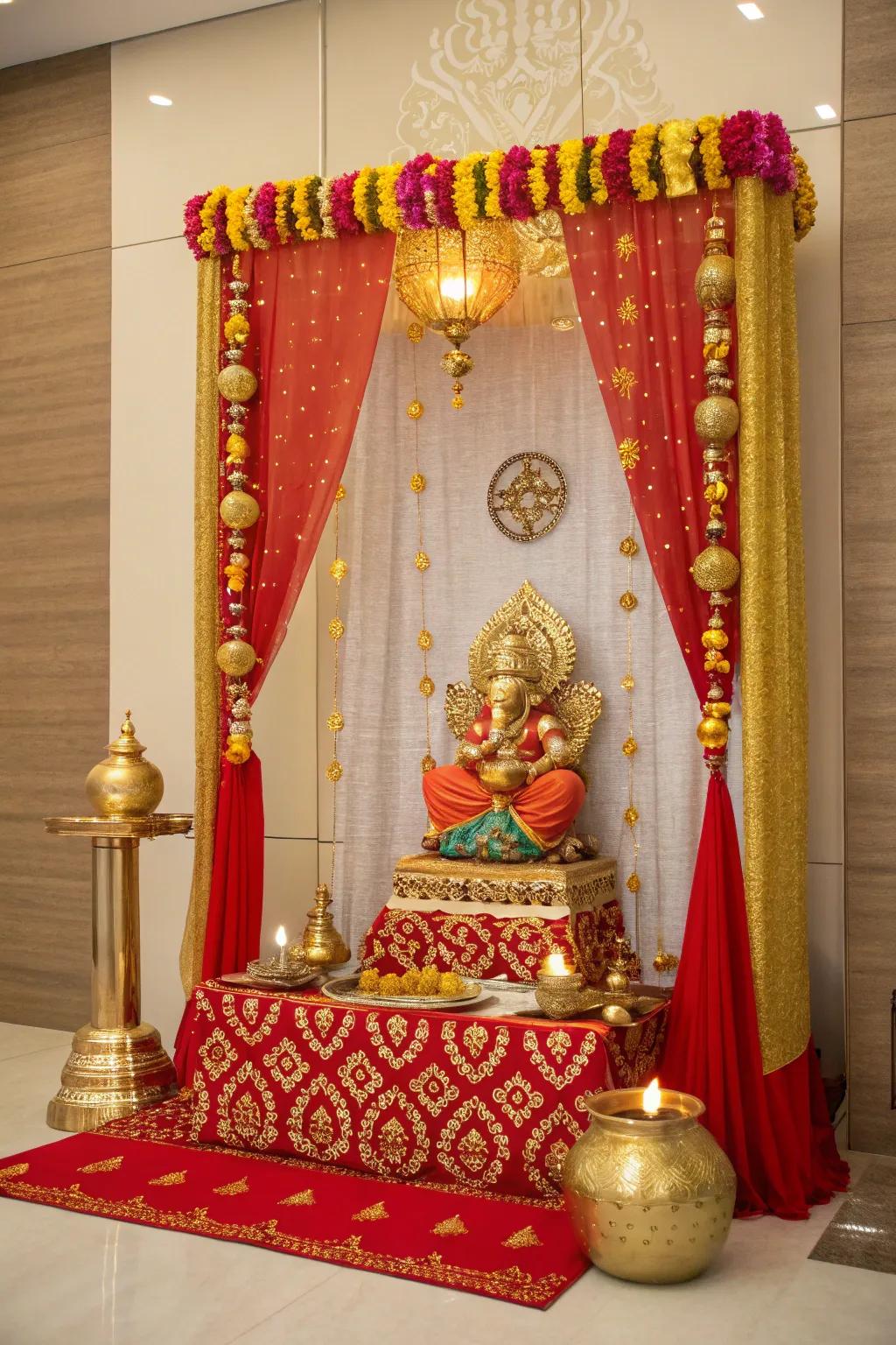 A harmonious gold and red theme for Ganpati decor.