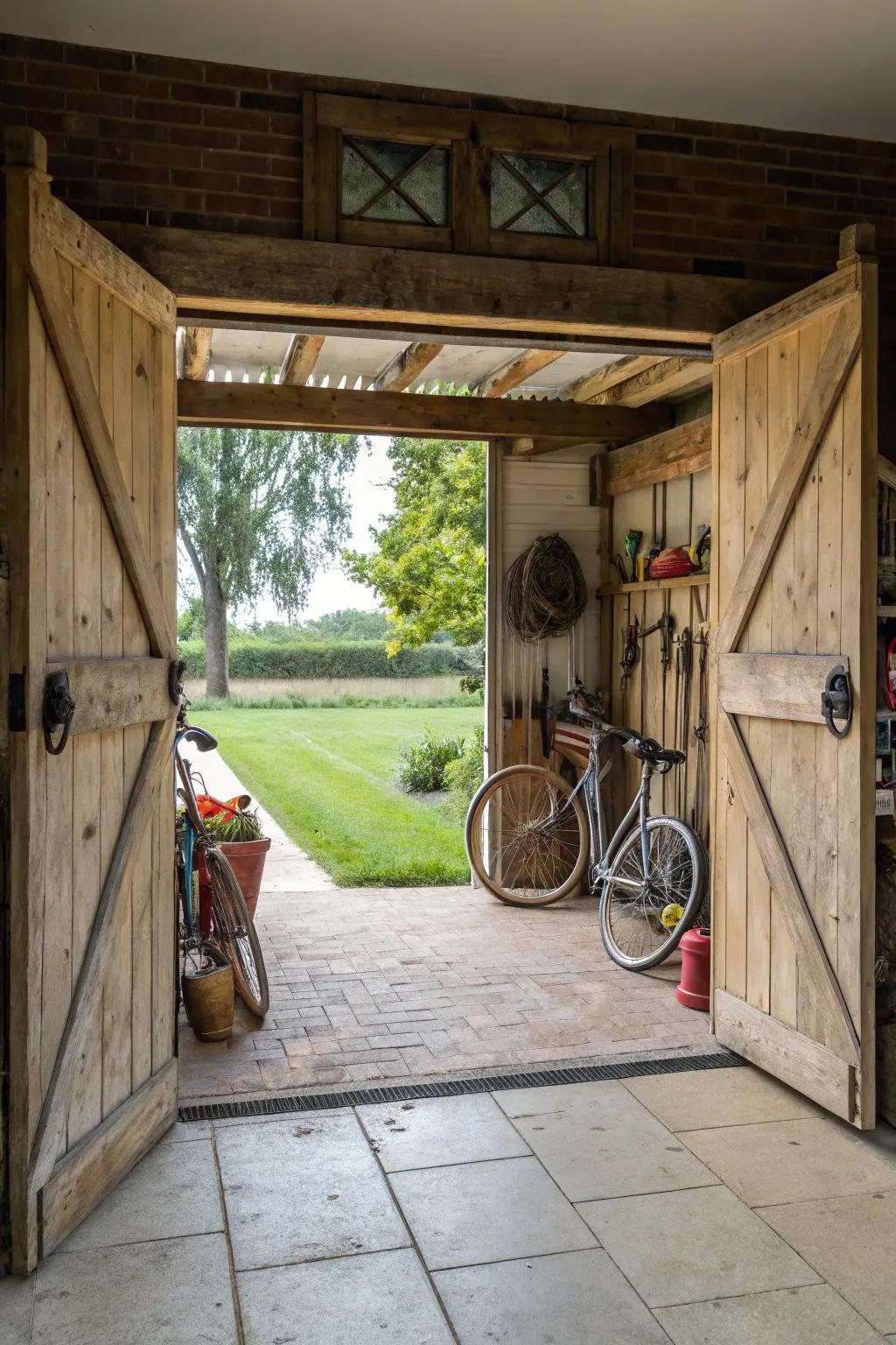 Gliding farmhouse portals inject style and utility into your garage.