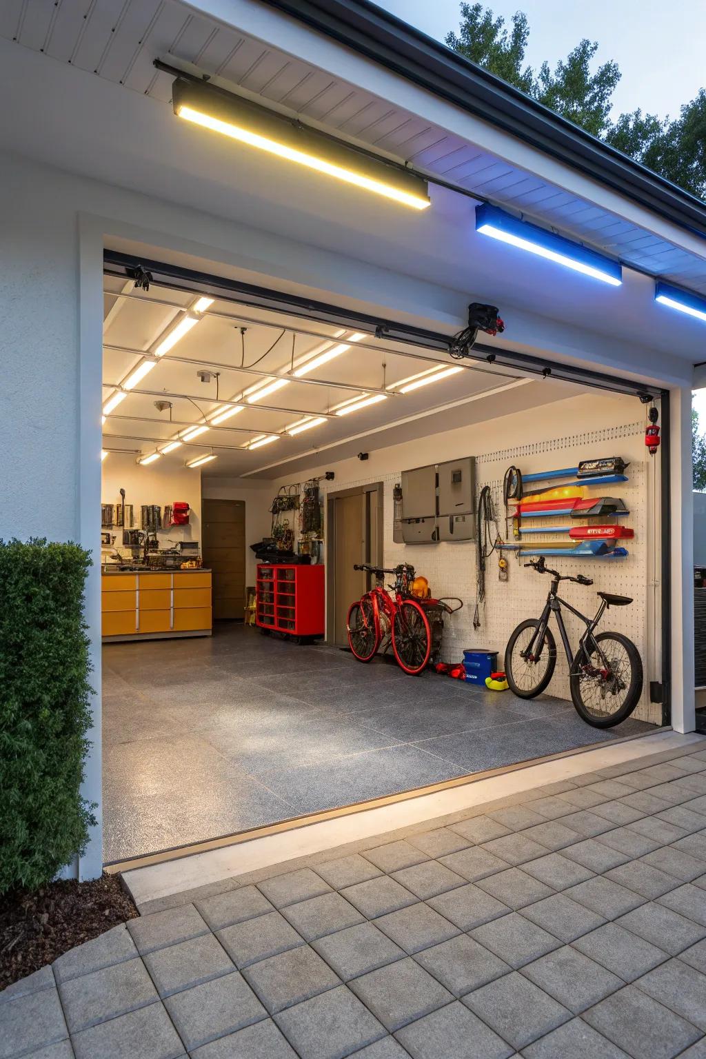 Bright lighting makes the garage a welcoming area.