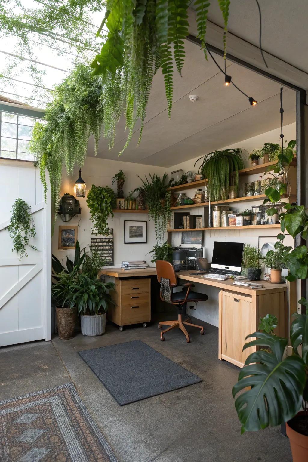 Greenery adds freshness and tranquility to your garage office.