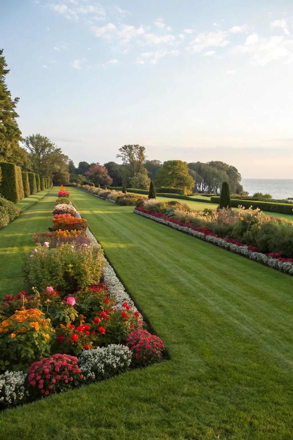 A perfectly kept lawn with clearly defined borders and vibrant flower patches.