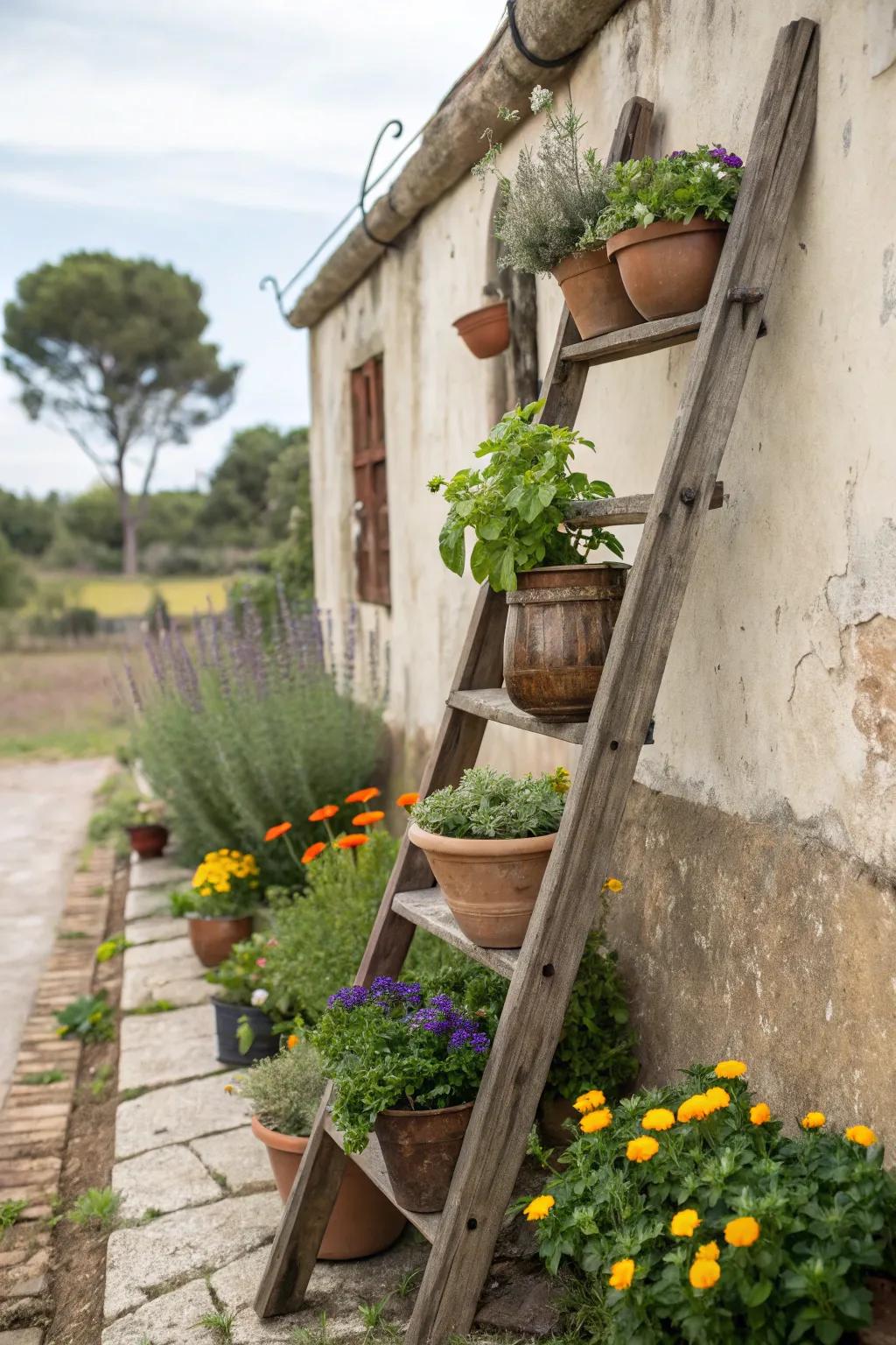 A sky-high step garden packed with potted plants.