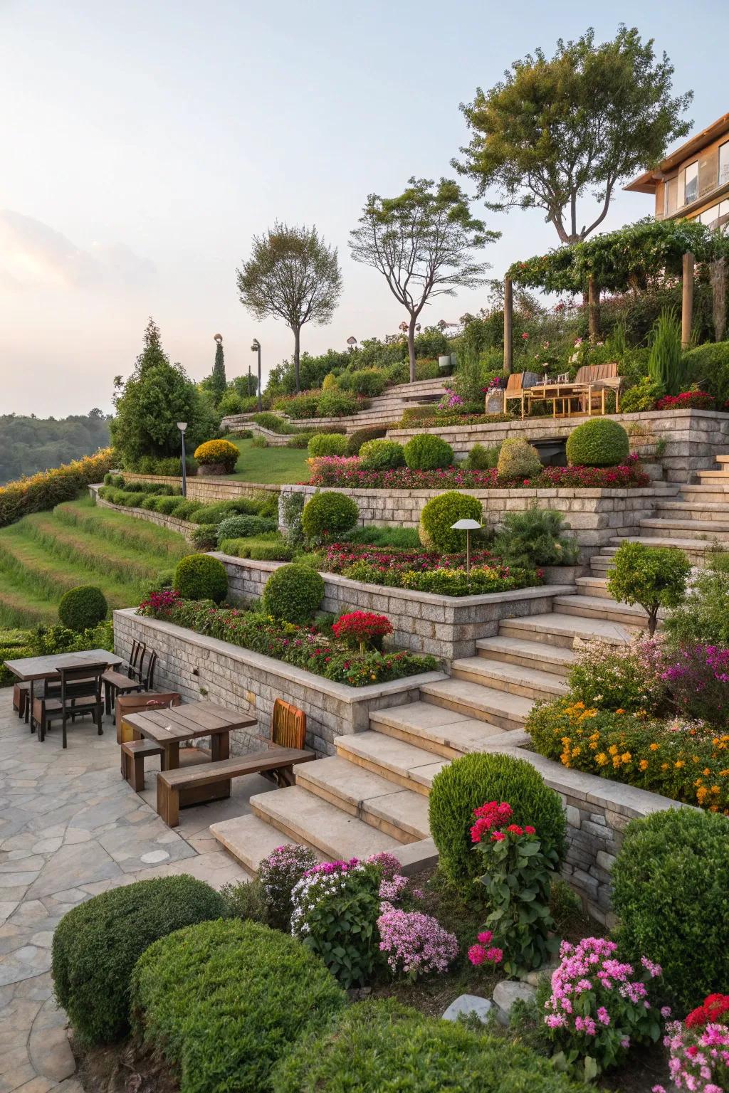Multi-tiered gardens introduce dimension and depth.