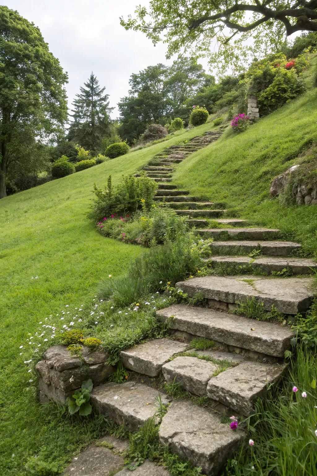Stone steps providing a charming access point in the garden.