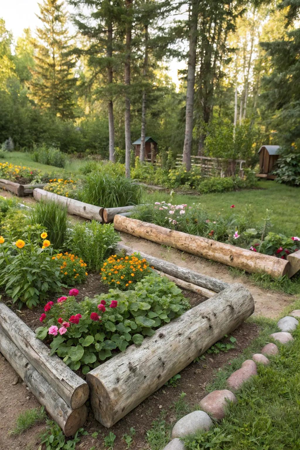 Logs make rustic borders that harmonize beautifully with nature.