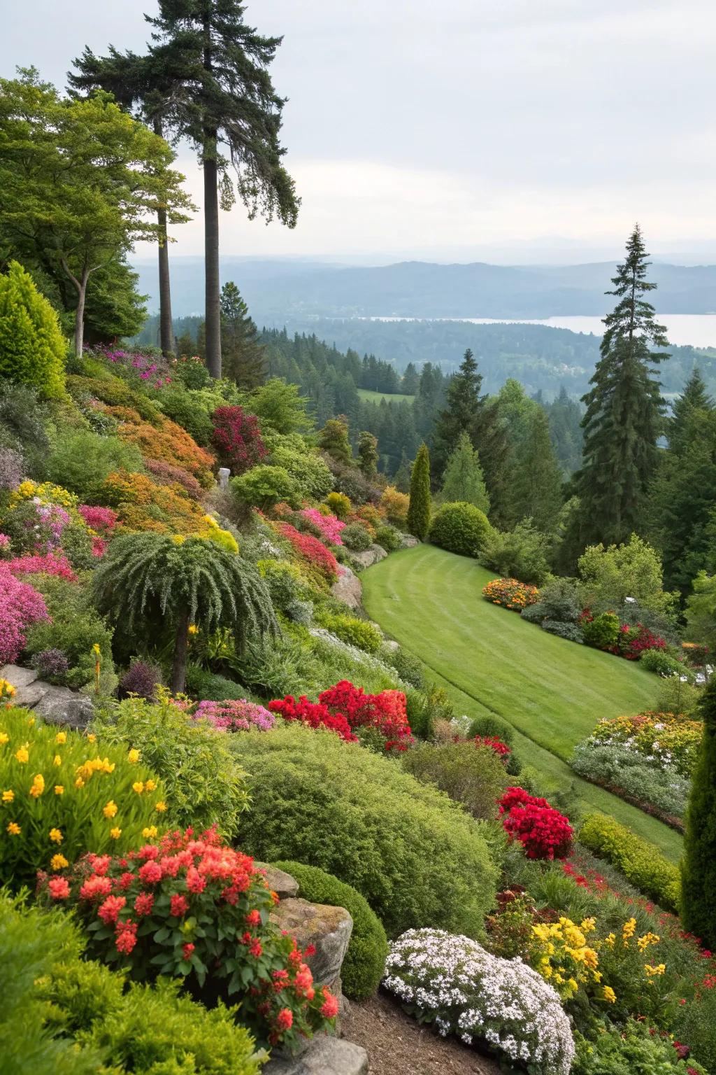 Diverse vegetation brings life and color to a sloped garden.