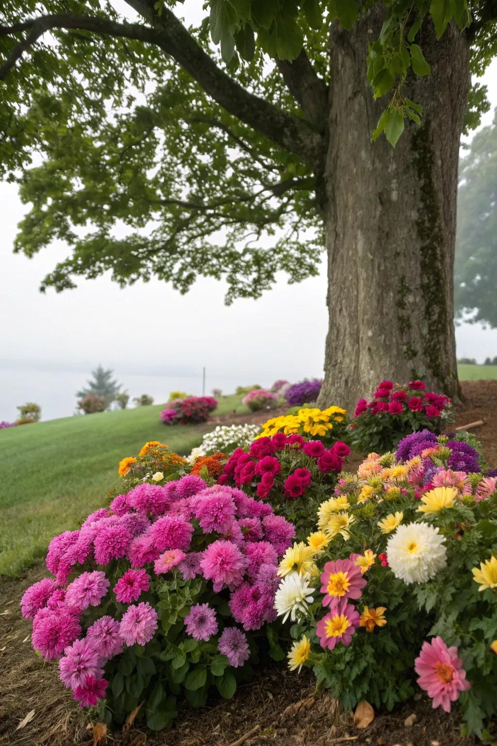 Base of a tree adorned with vibrant flowers.