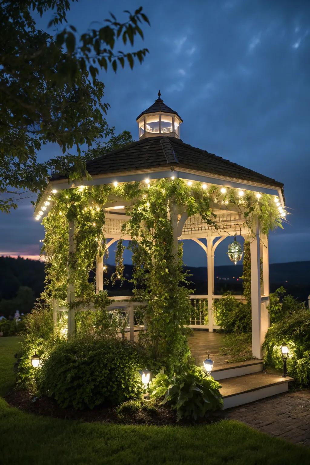 Elevated illumination blends the gazebo with its natural environment.