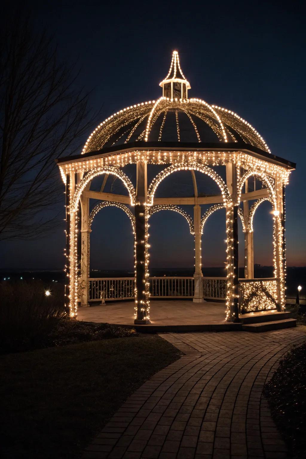 Rope lights outline the gazebo, enhancing its framework beautifully.