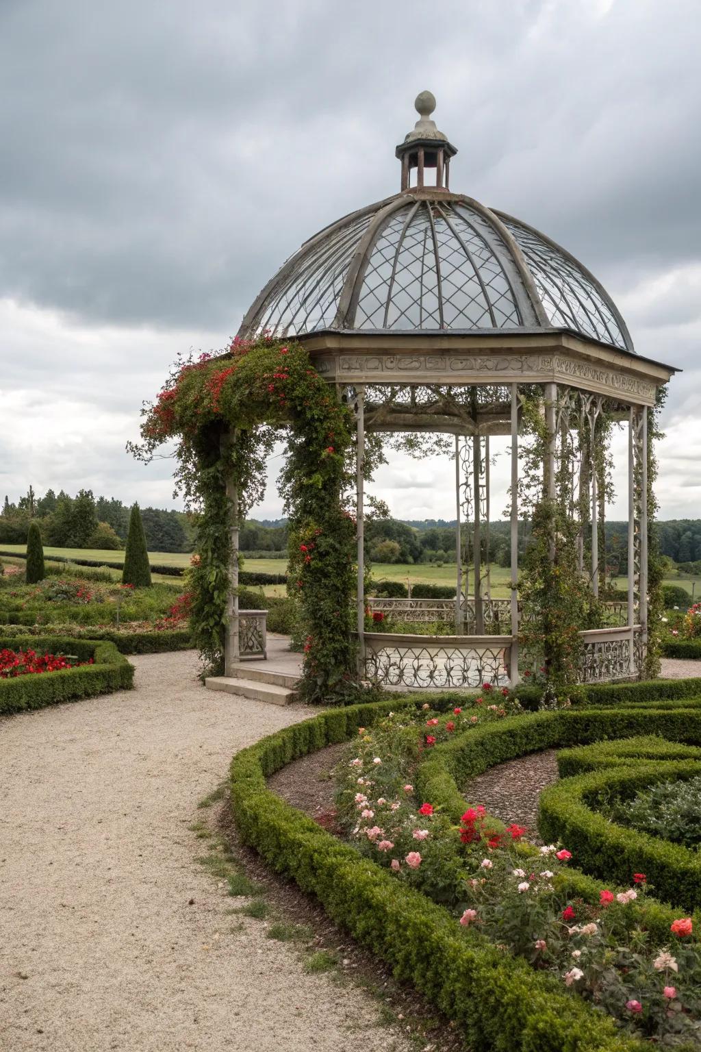 A gazebo with a graceful barrel top roof, enhancing the garden's elegance.