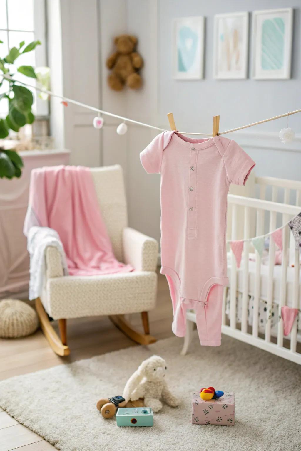 A cute infant garment announcement in a beautifully decorated nursery.