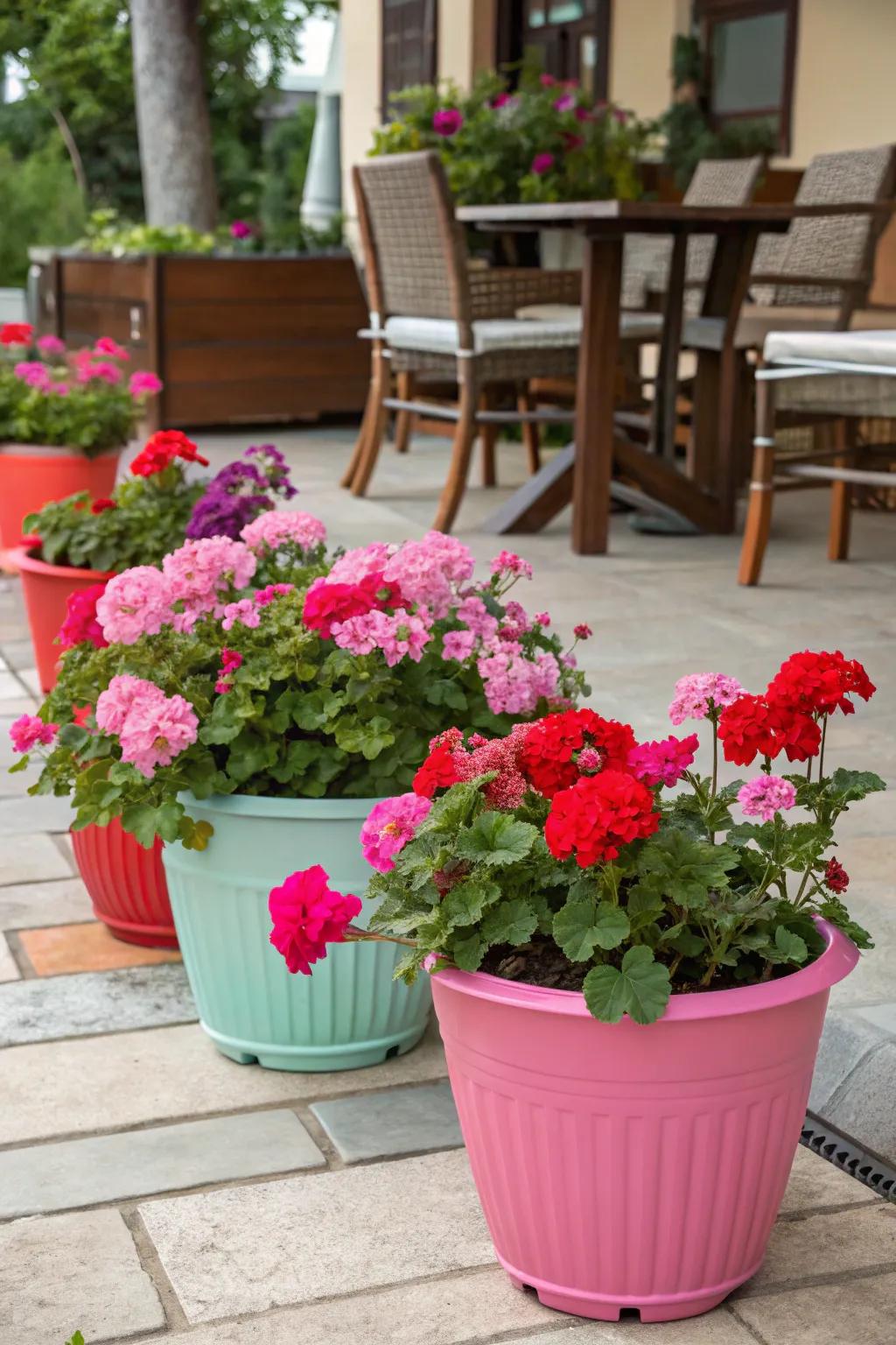 A collection of vibrant polymer containers overflowing with pink and red sunbeam blooms on a radiant patio.