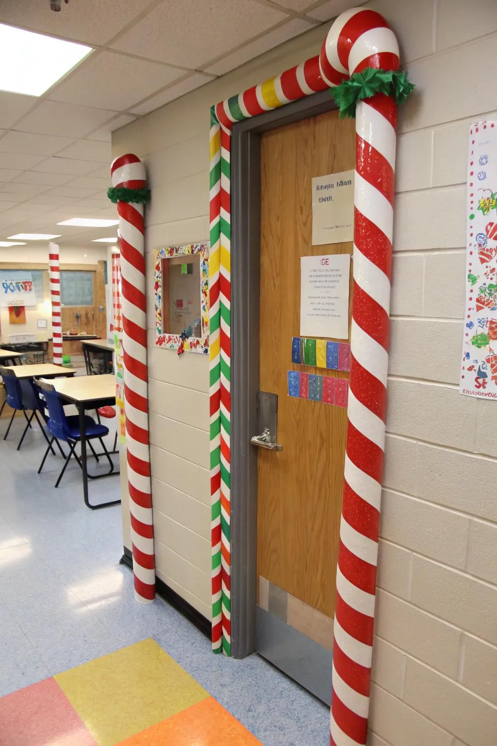Candy cane columns frame the door with holiday cheer.