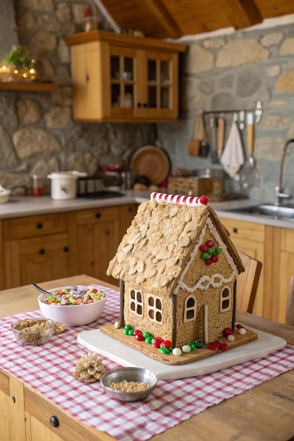 A grain thatched covering upon a gingerbread dwelling.