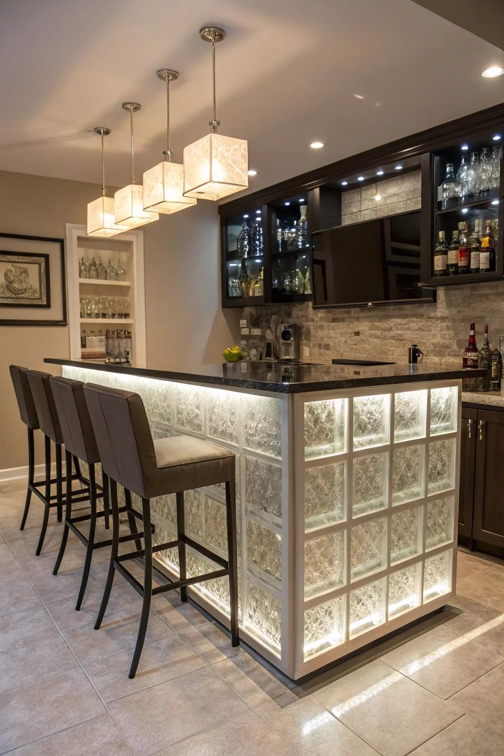 An exquisite domestic bar featuring a glass tile design.