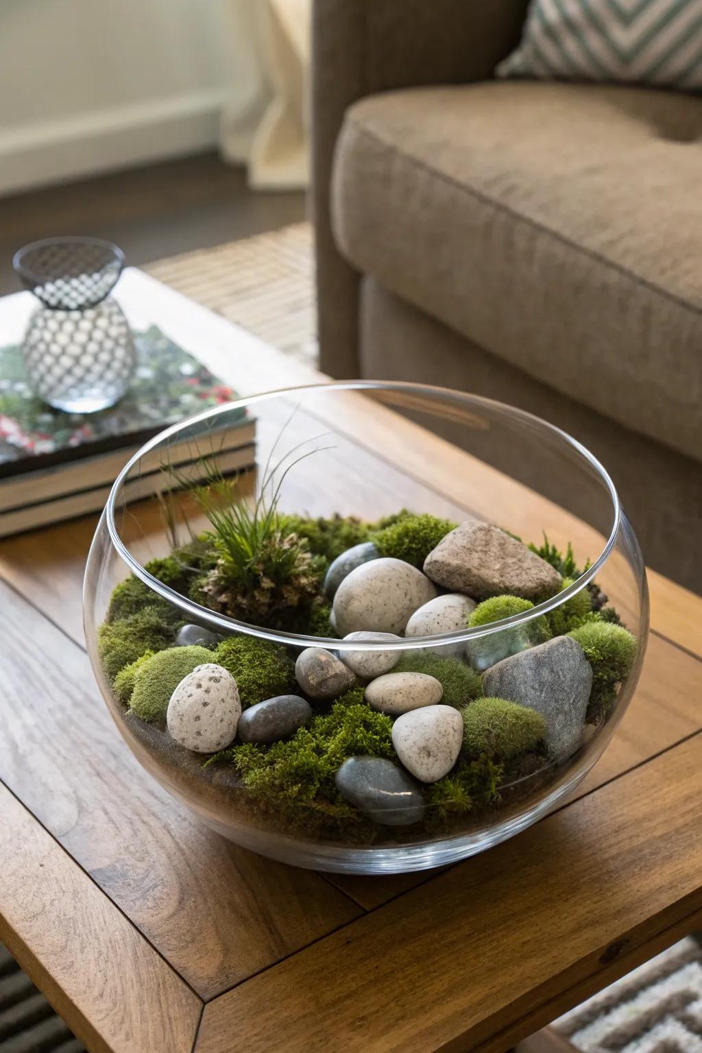 Stones and fluff in a clear bowl, producing a grounded, earthy centerpiece.