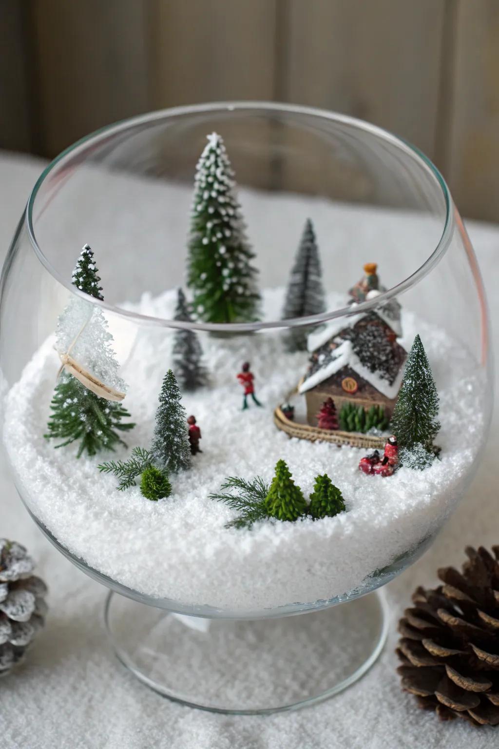 A snowy wonderland scene in a glass bowl.