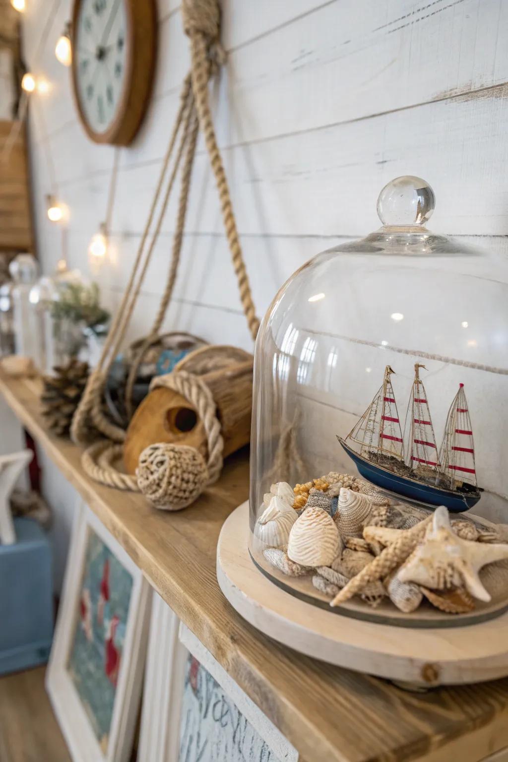 Seashells plus shoreline timber convey a coastal sensation within a glass dome.