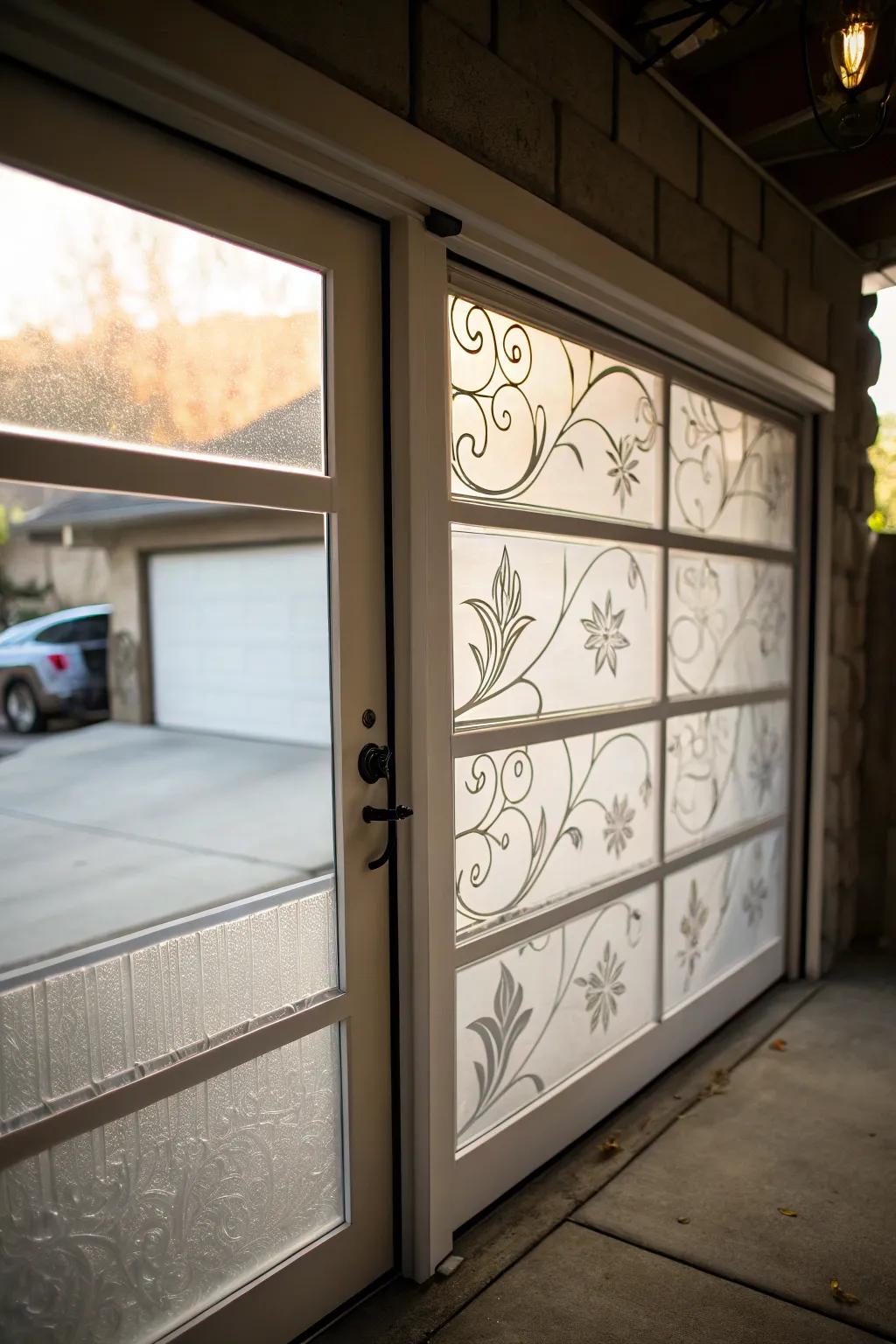 A stylish overhead door with frosted glass for privacy.