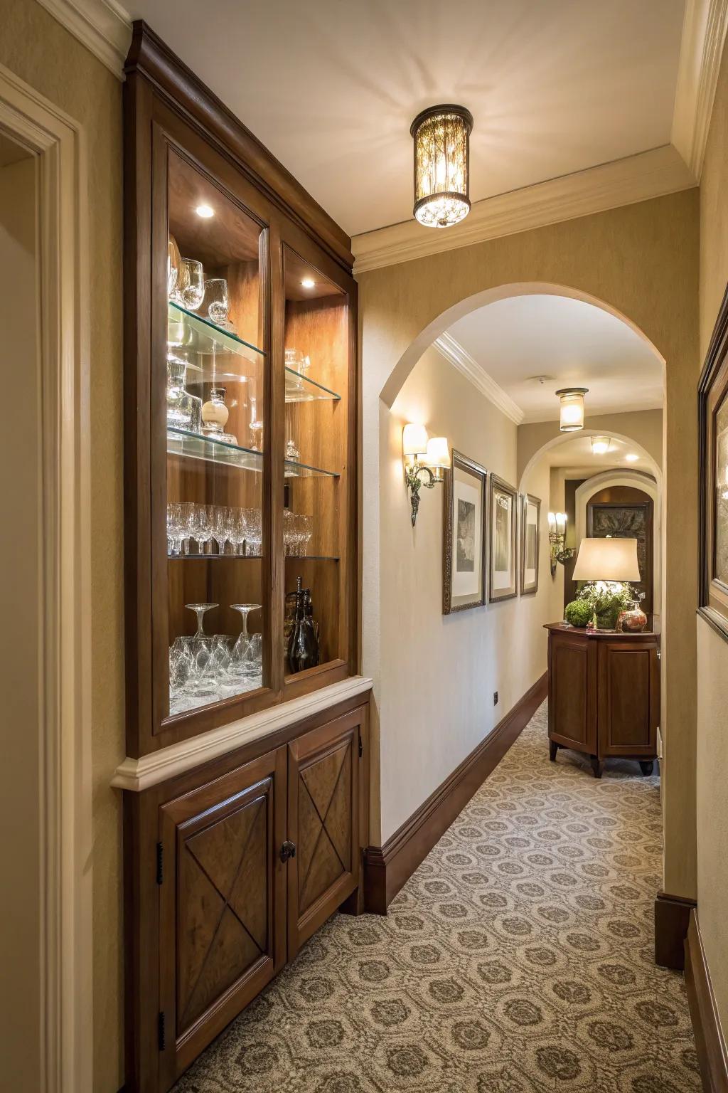 A cozy hallway alcove transformed into a glassware exhibit.