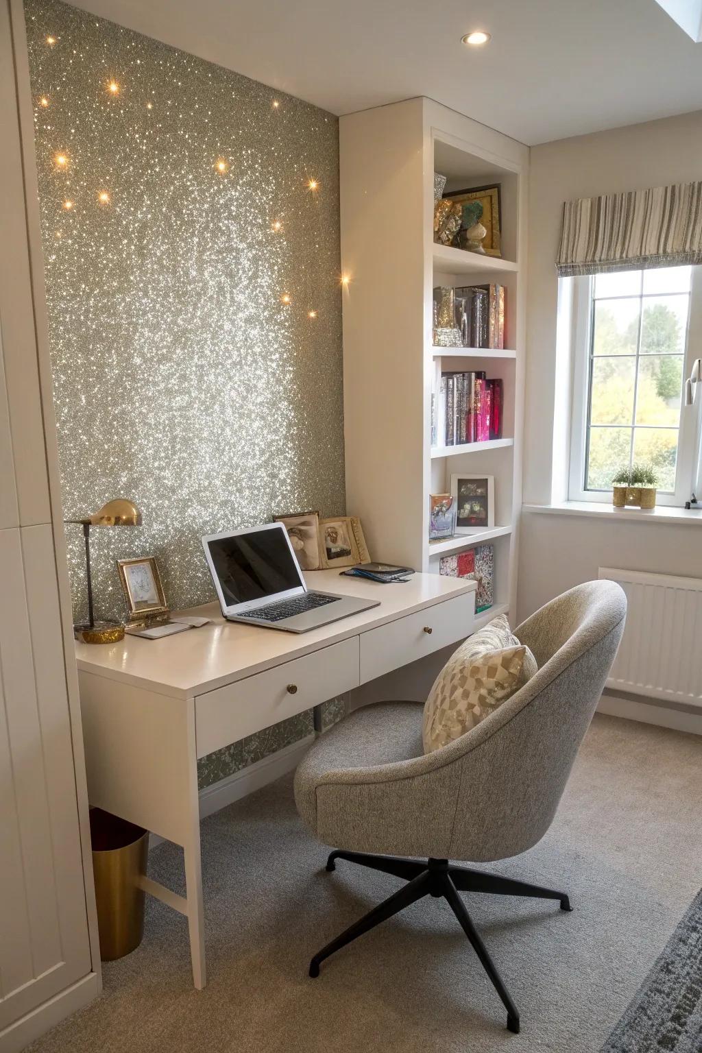 A shimmering feature wall adds creativity to a personal office.