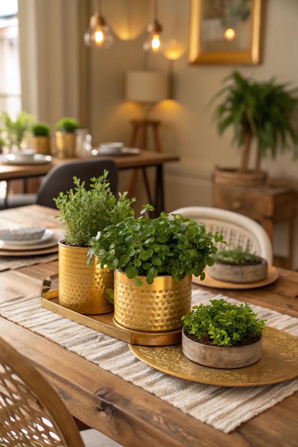 Recent and dynamic gold and foliage arrangements.