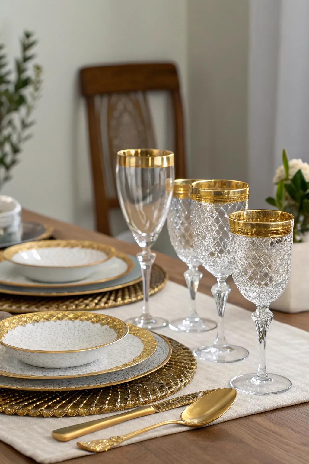 Luxurious gold-rimmed glassware elevating the dining experience.