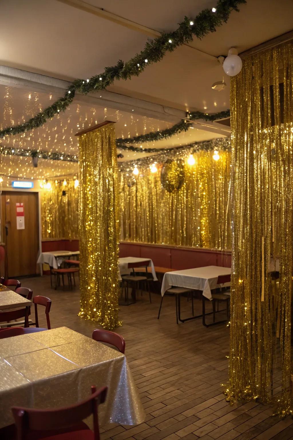 Gilded string decorations bring a festive energy to any party space.