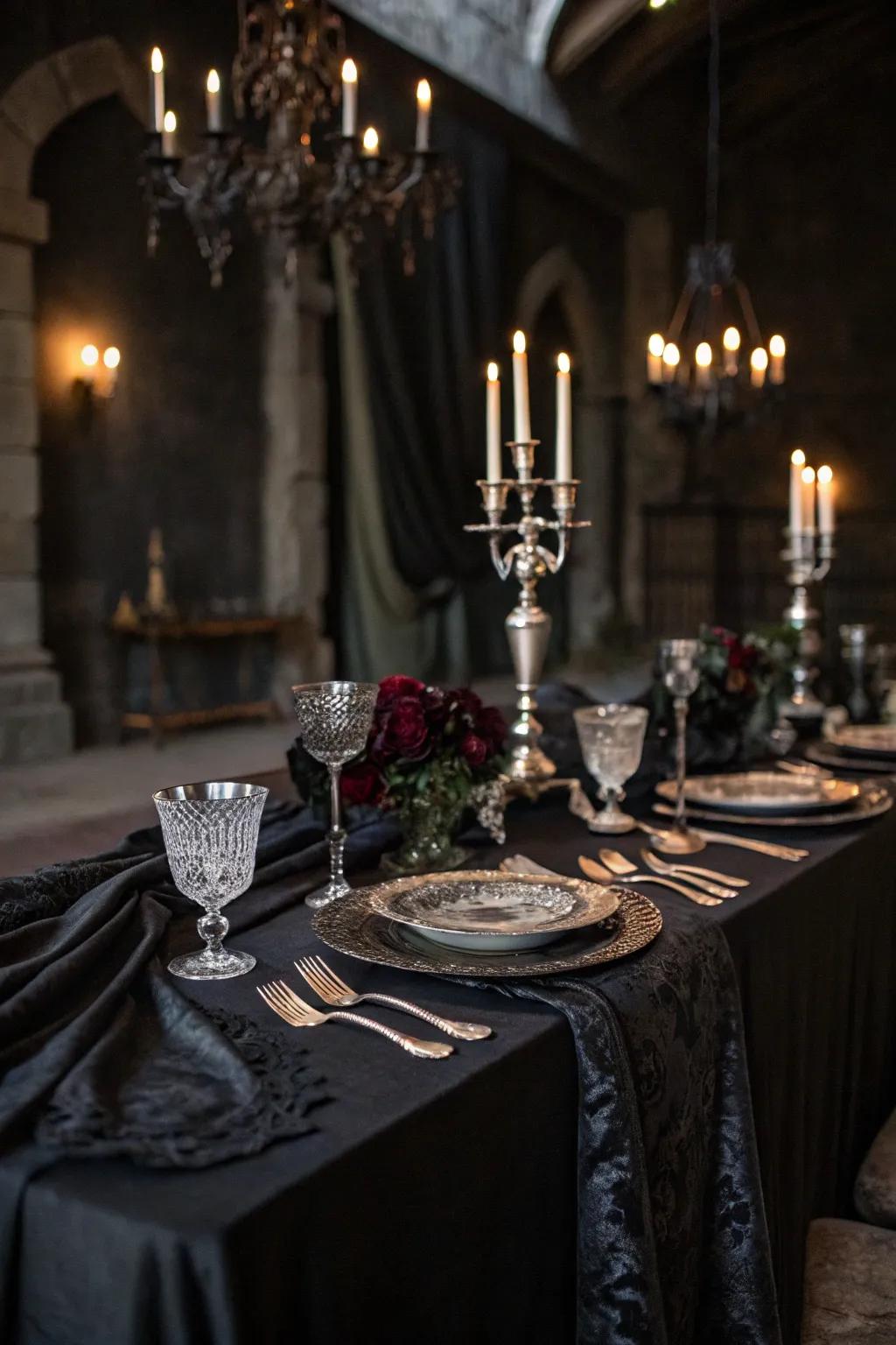 A gothic wedding table set showcasing vintage flatware and somber linens.