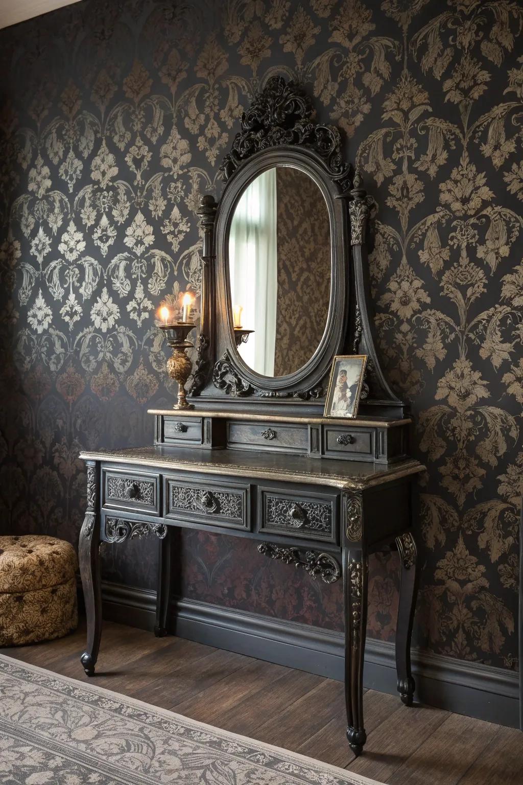 Textured wall covering furnishes a lavish backdrop for your gothic dressing table.