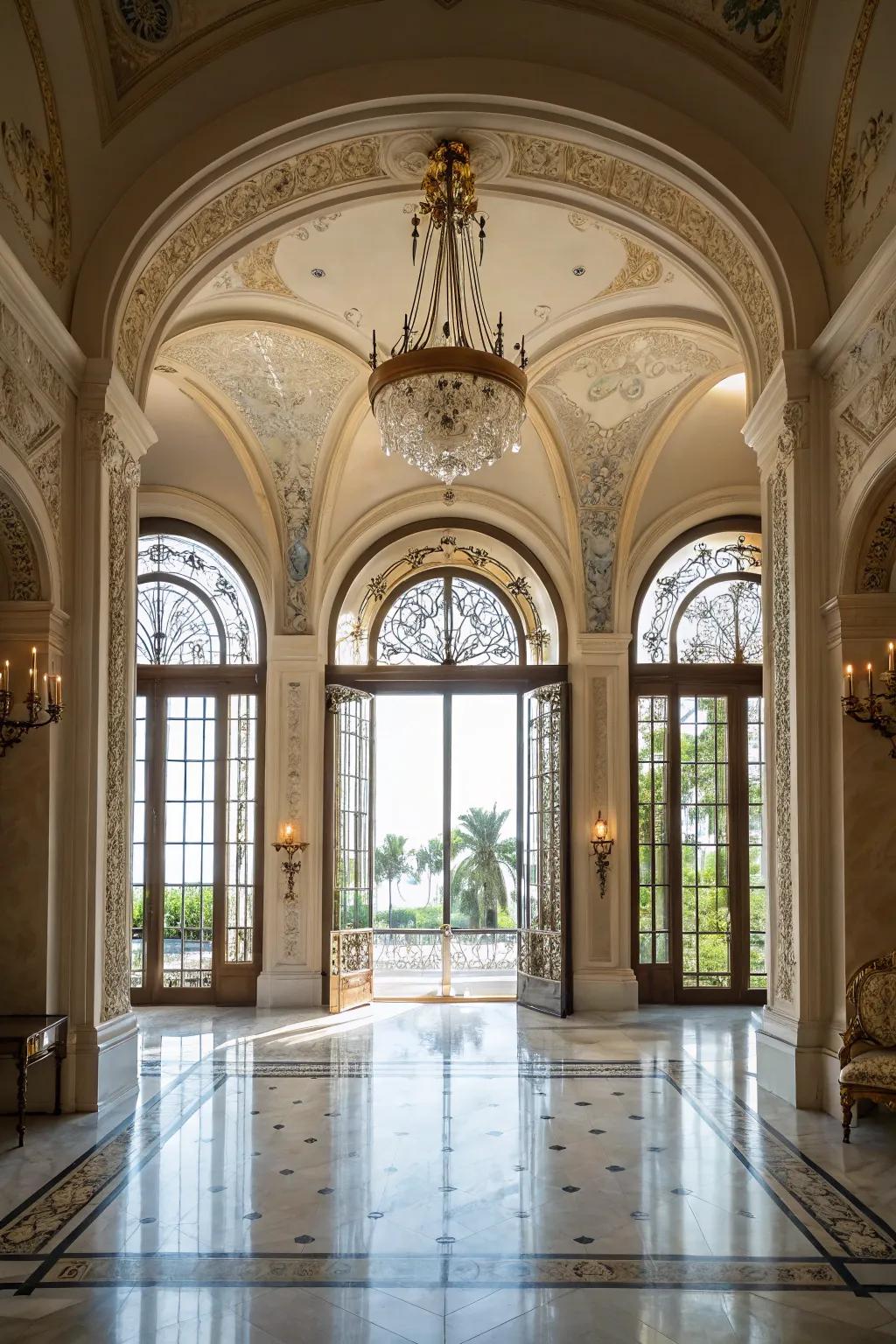 Arched doorways and windows add elegance to a grand entrance hall.