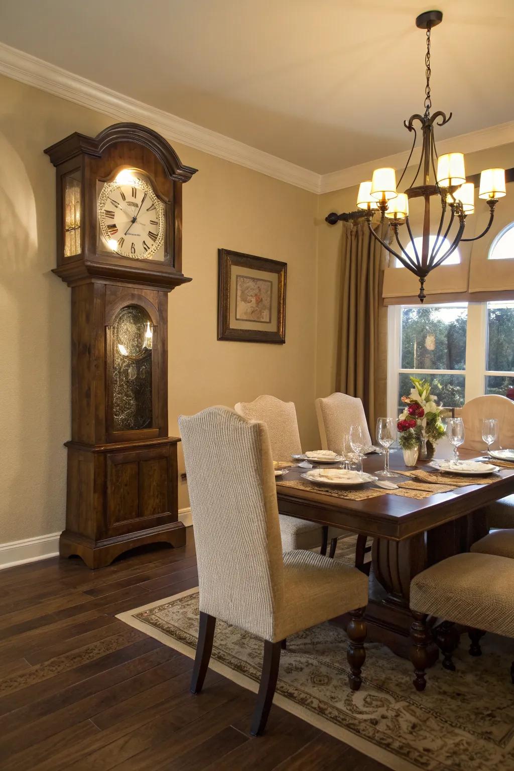 A pendulum timepiece enhances a dining area with a sophisticated touch.