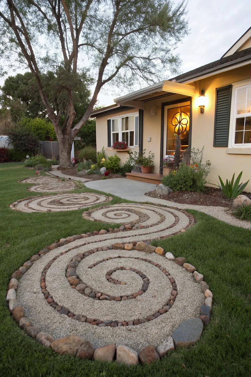 Artistic stone patterns add a unique touch to the front yard.