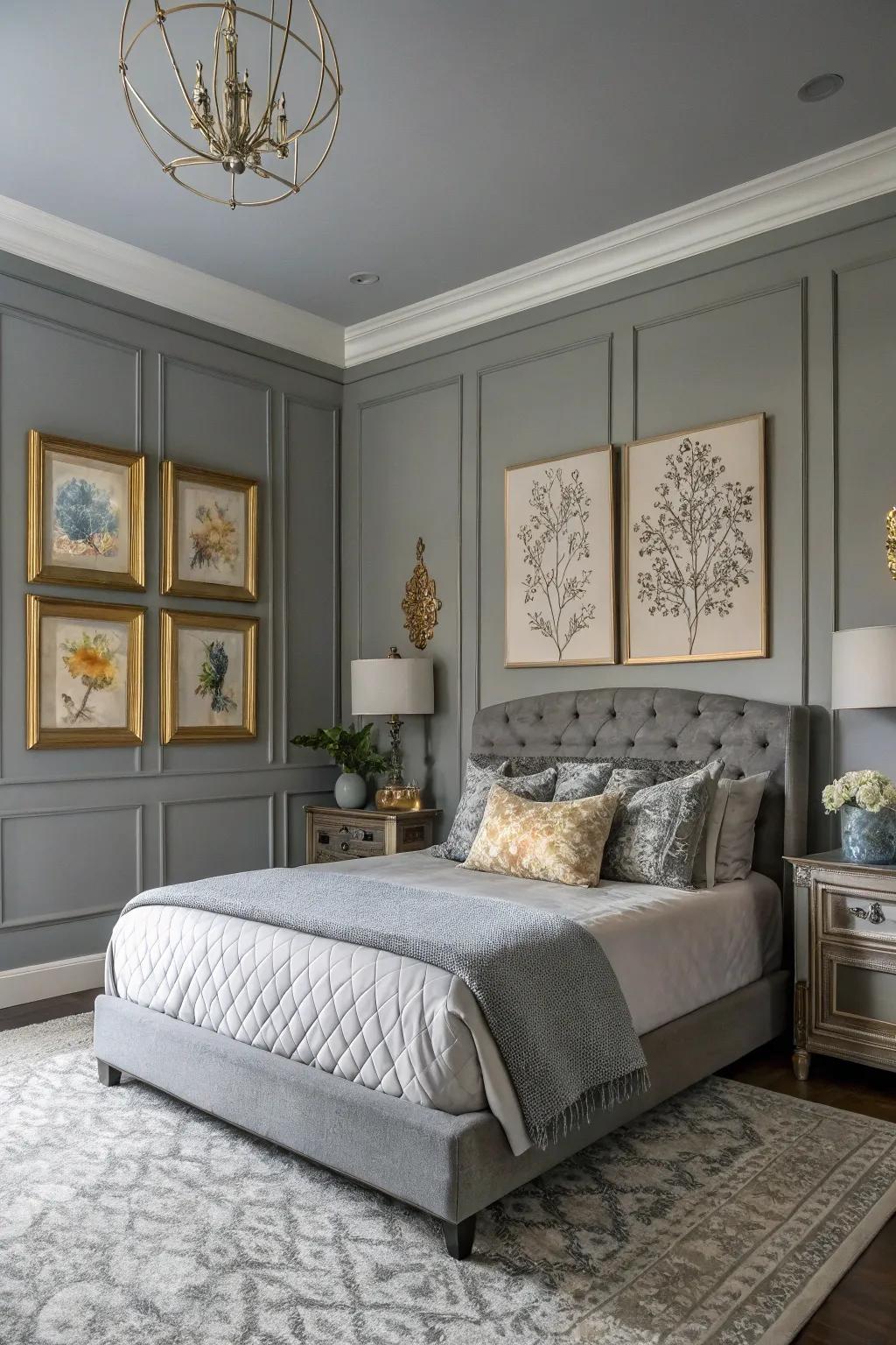 Art and decorative elements add a personal signature to a gray bedroom.