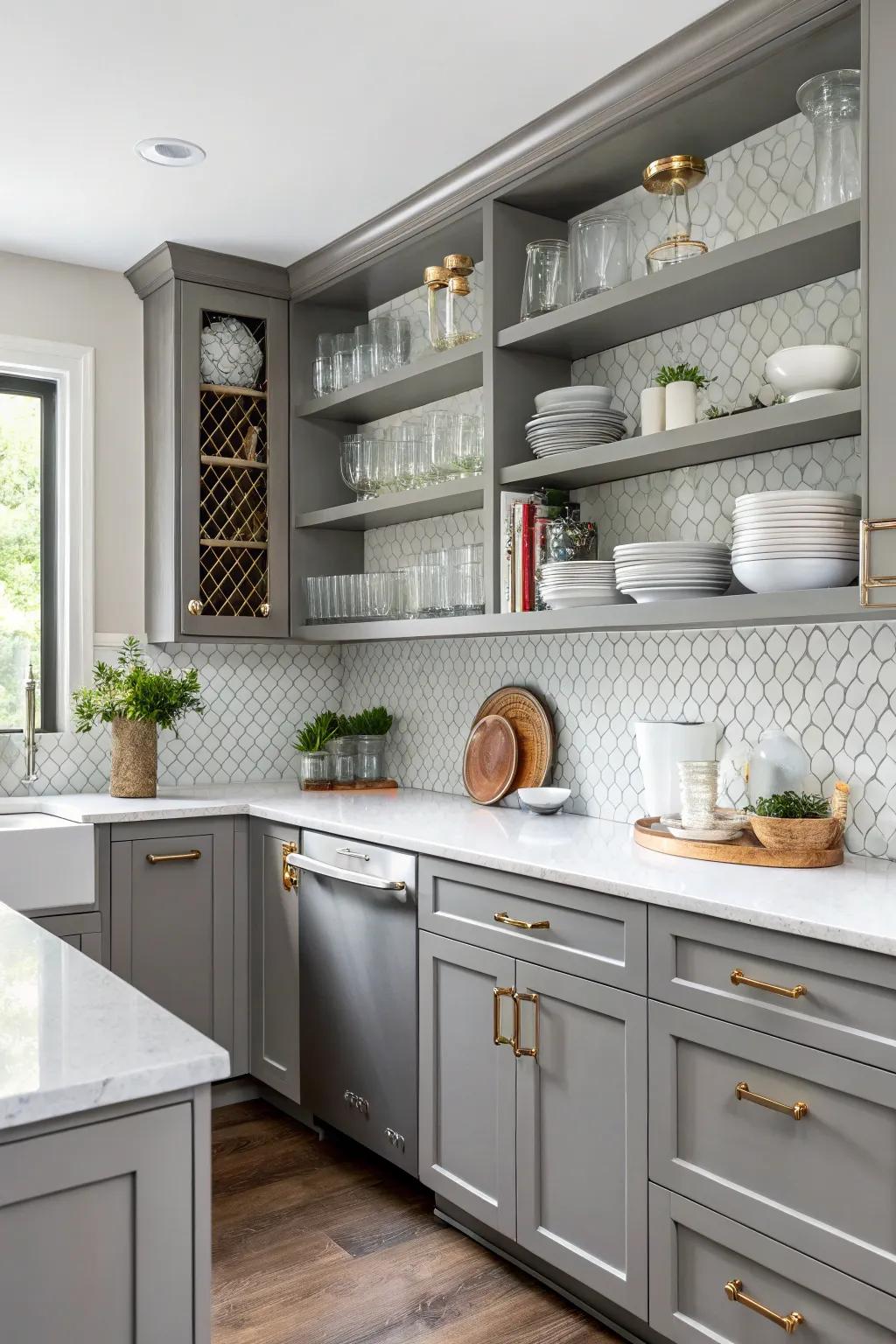 Open shelving adding charm and practicality to gray cabinets.