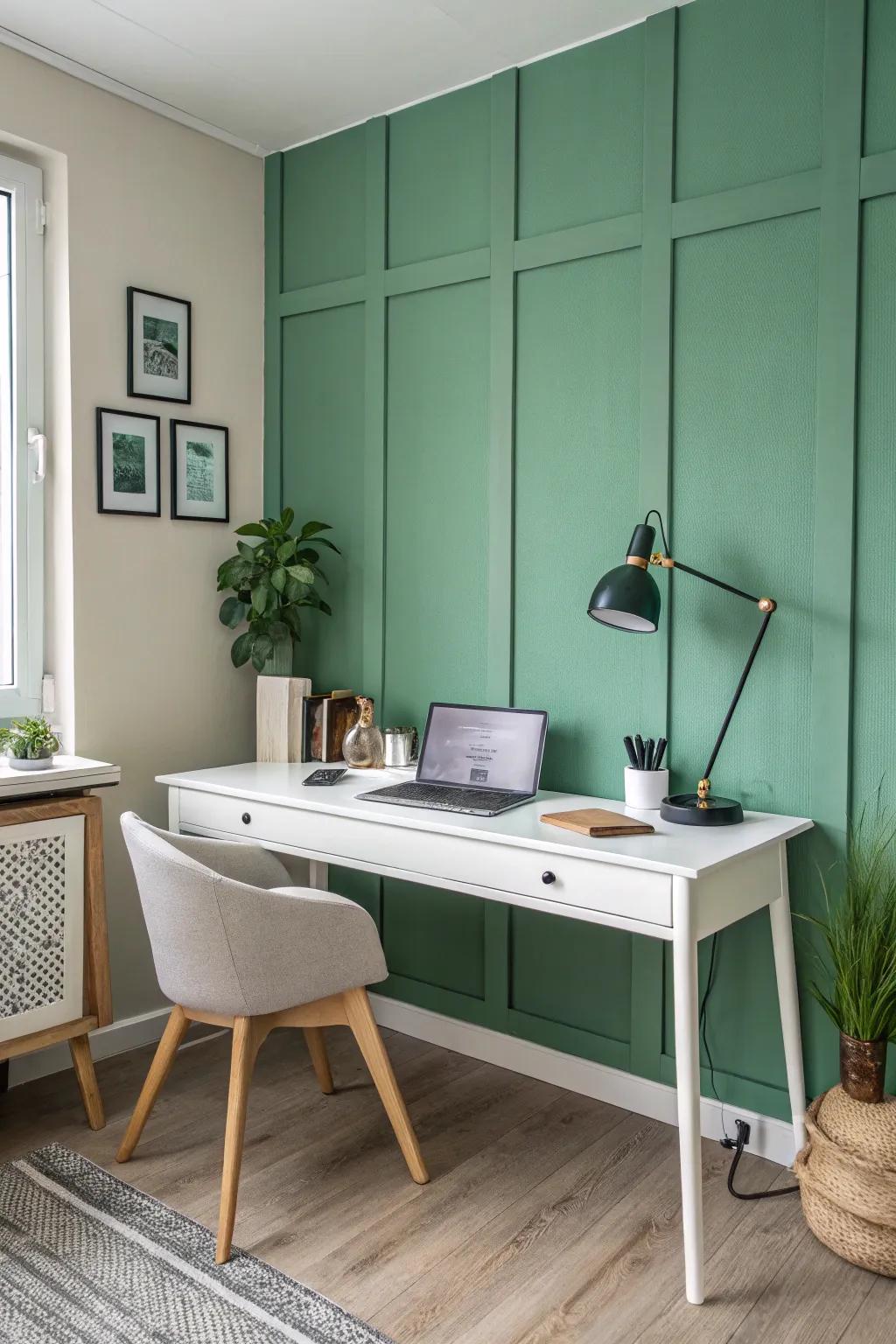 A green accent wall that encourages focus and creativity in the personal workspace.