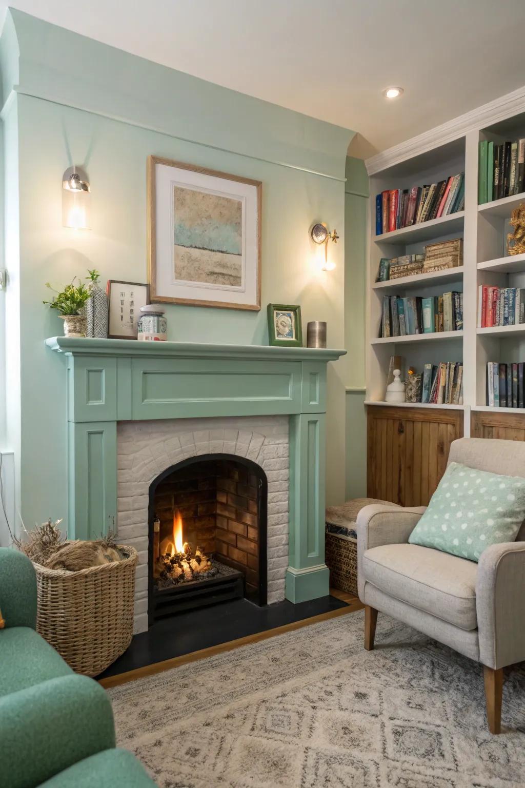 A light and airy small room with a jade green fireplace.