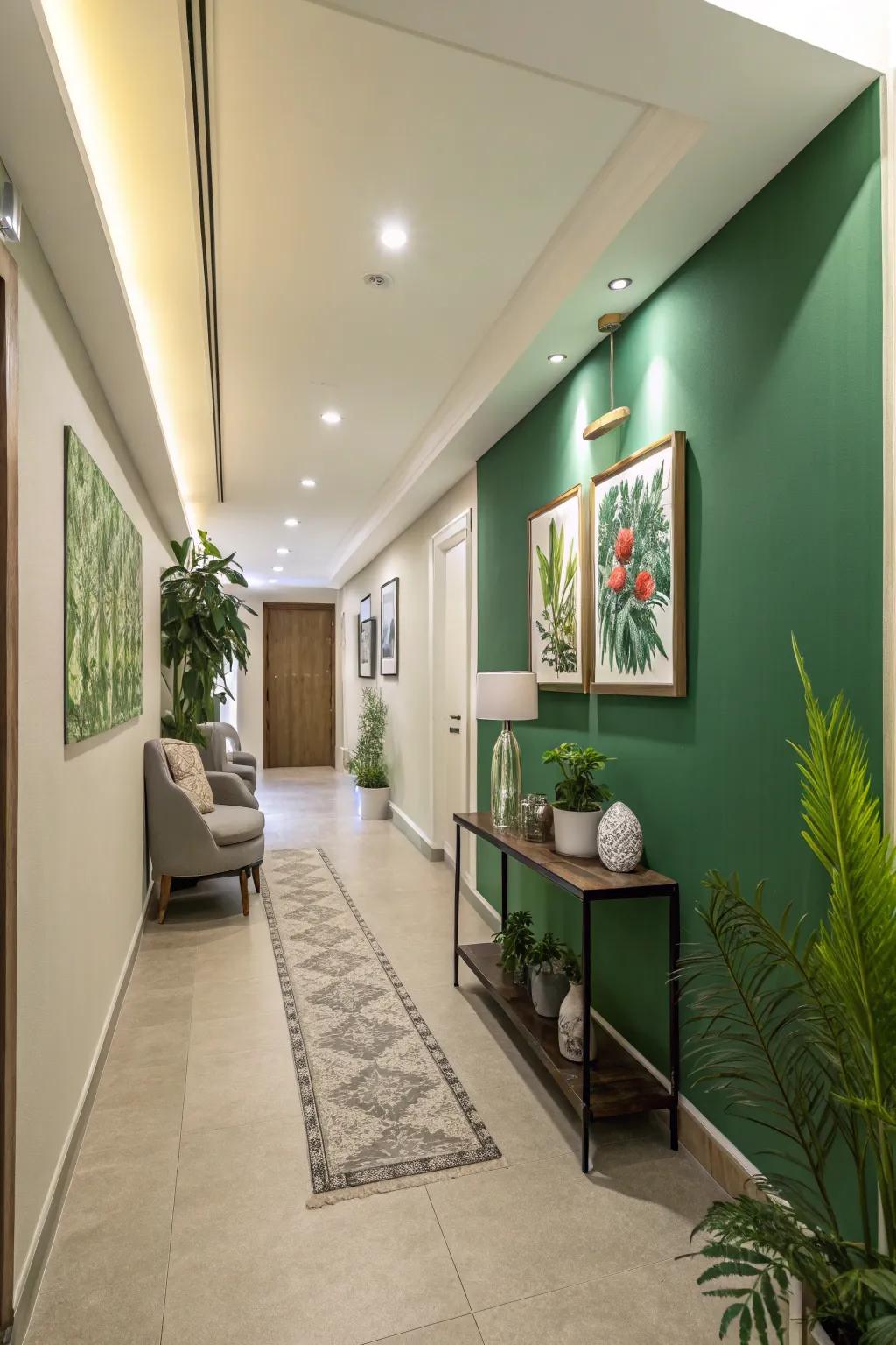 A green feature wall adds depth and interest to this hallway.