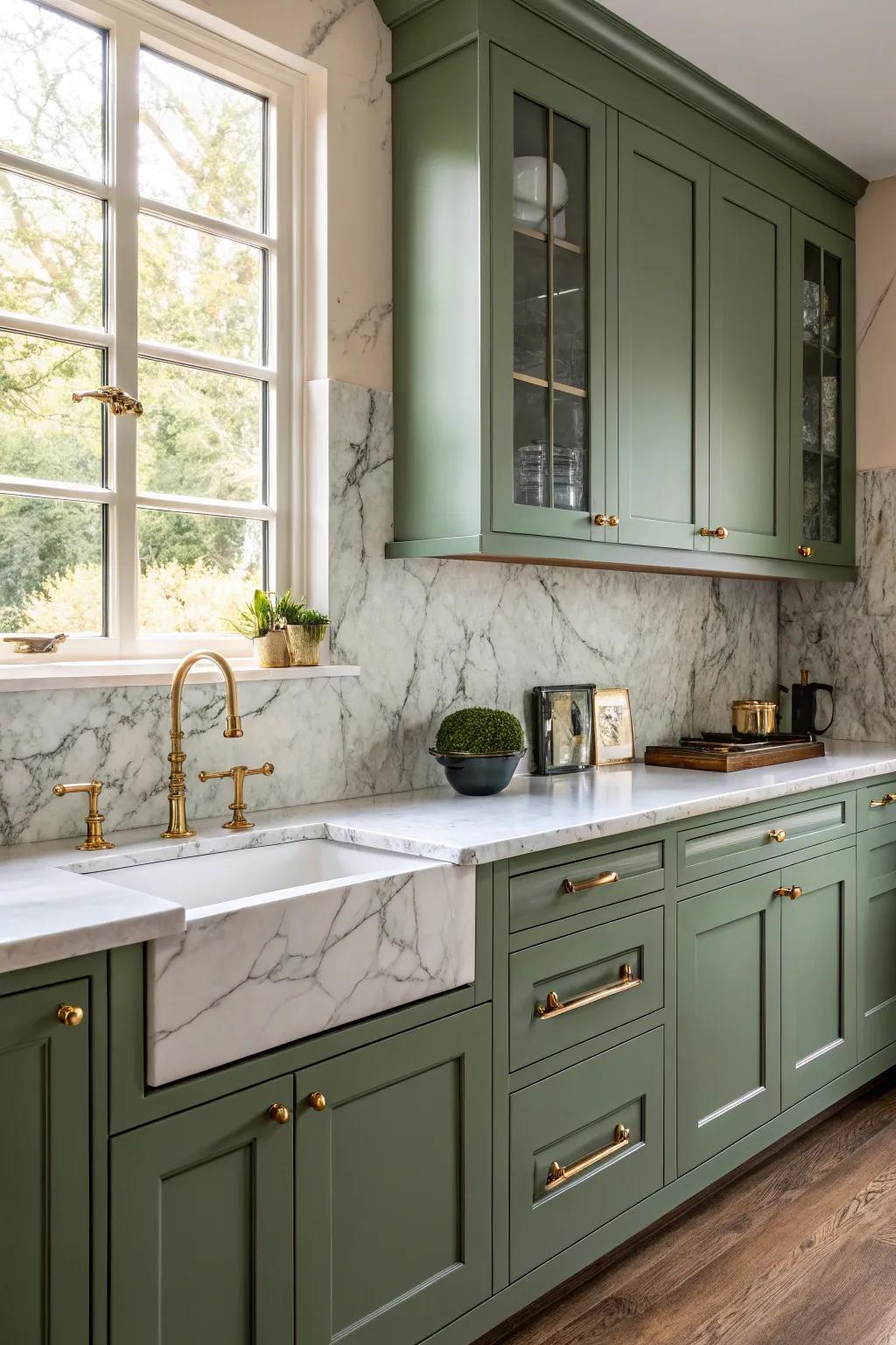 Brass hardware adds elegance to green kitchen cabinets.