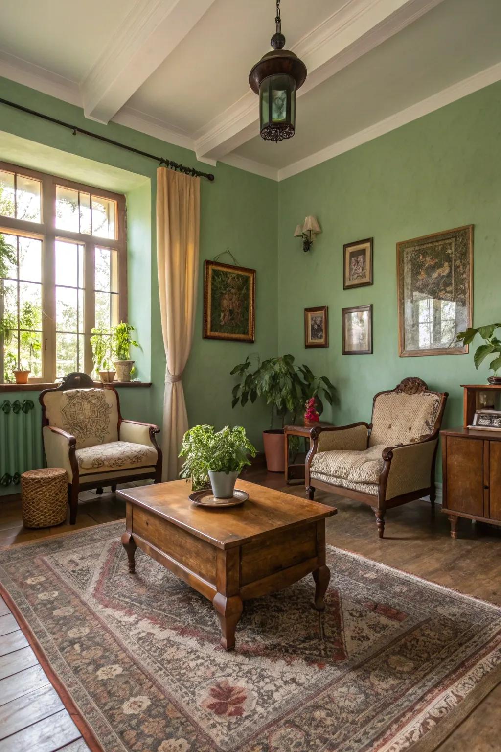 Vintage and country pieces contribute appeal to this green-themed space.