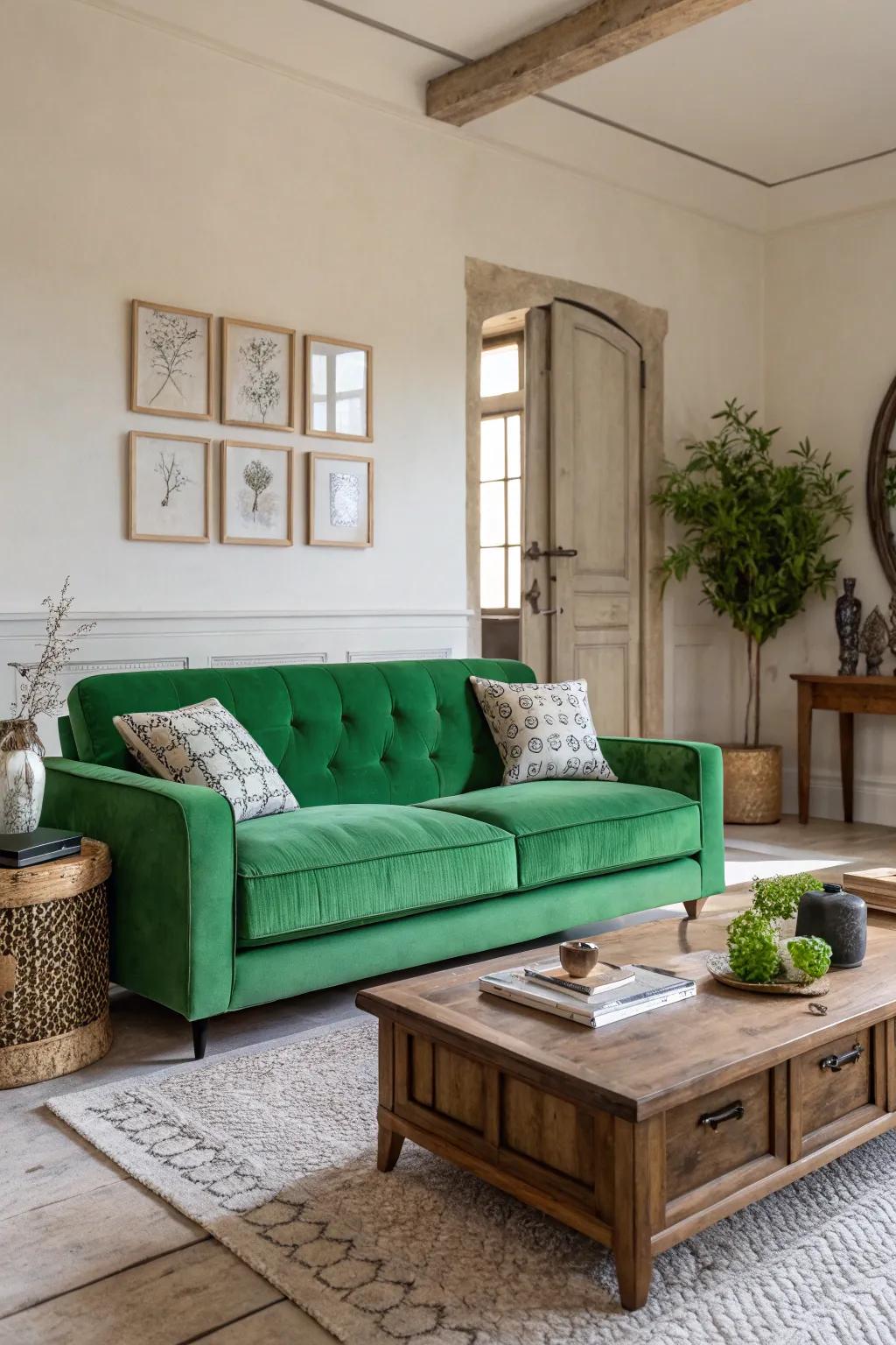 A green couch acts as an attractive centerpiece.