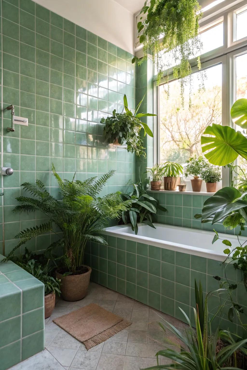 Plants boost the refreshing look of green tile bathrooms.