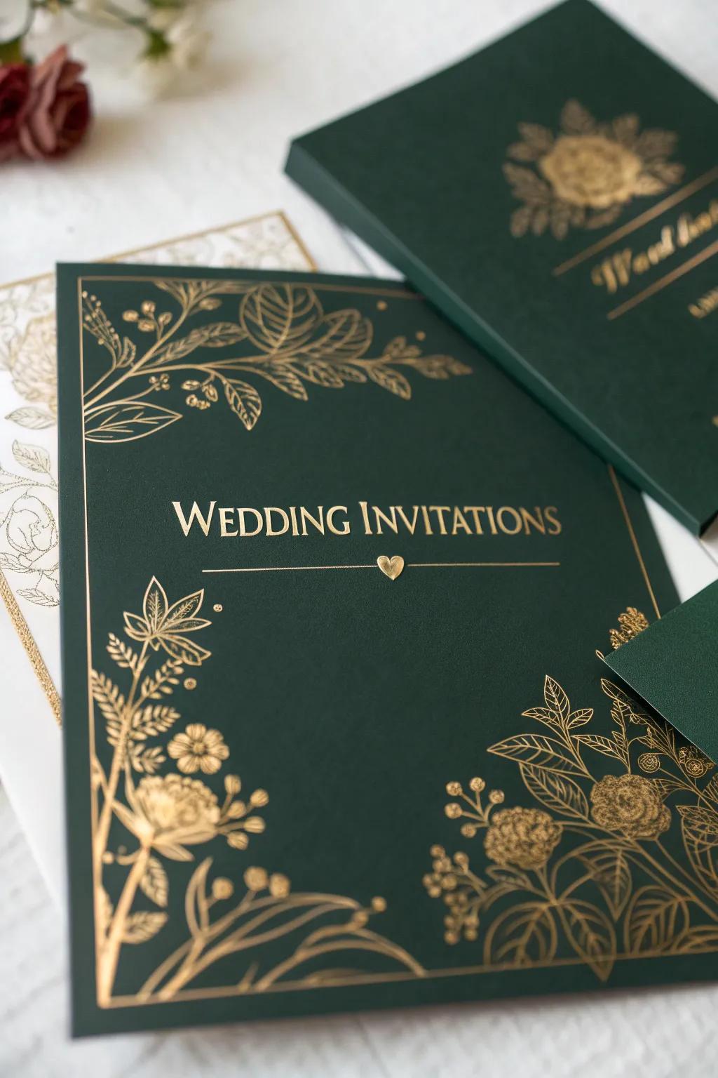 Elegant green invites with gold foil details.