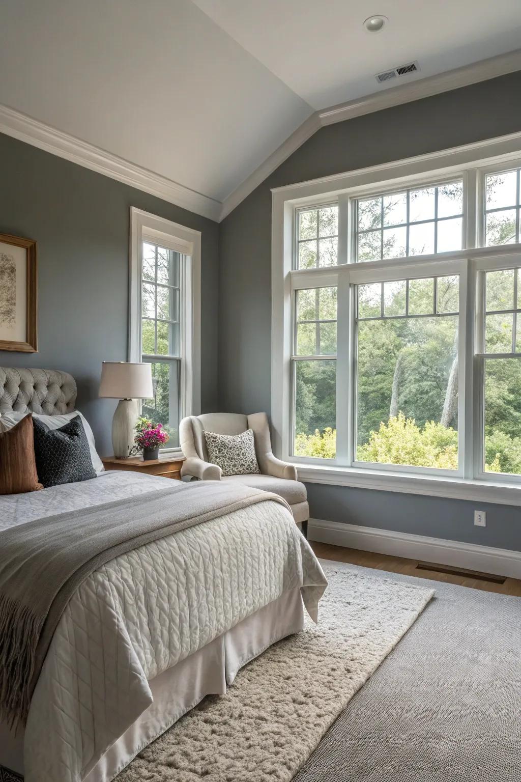 Natural illumination exquisitely enhances this grey feature wall.
