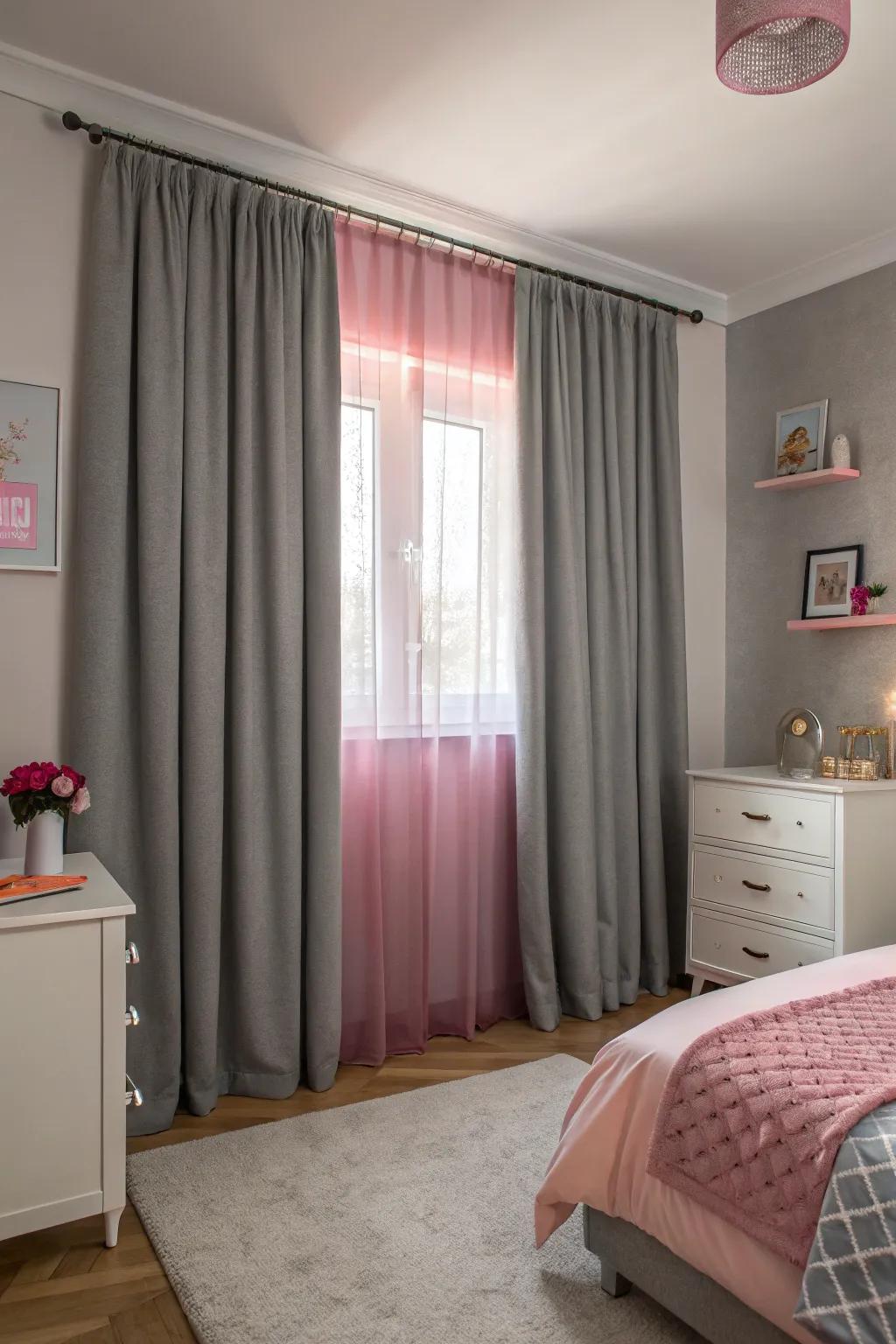 Grey window coverings deliver an elegant outline for windows, enhancing pink accents.