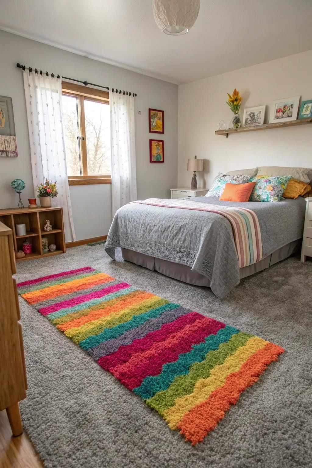 A bright rug adds a lively contrast to the ash-toned floor covering bedroom.
